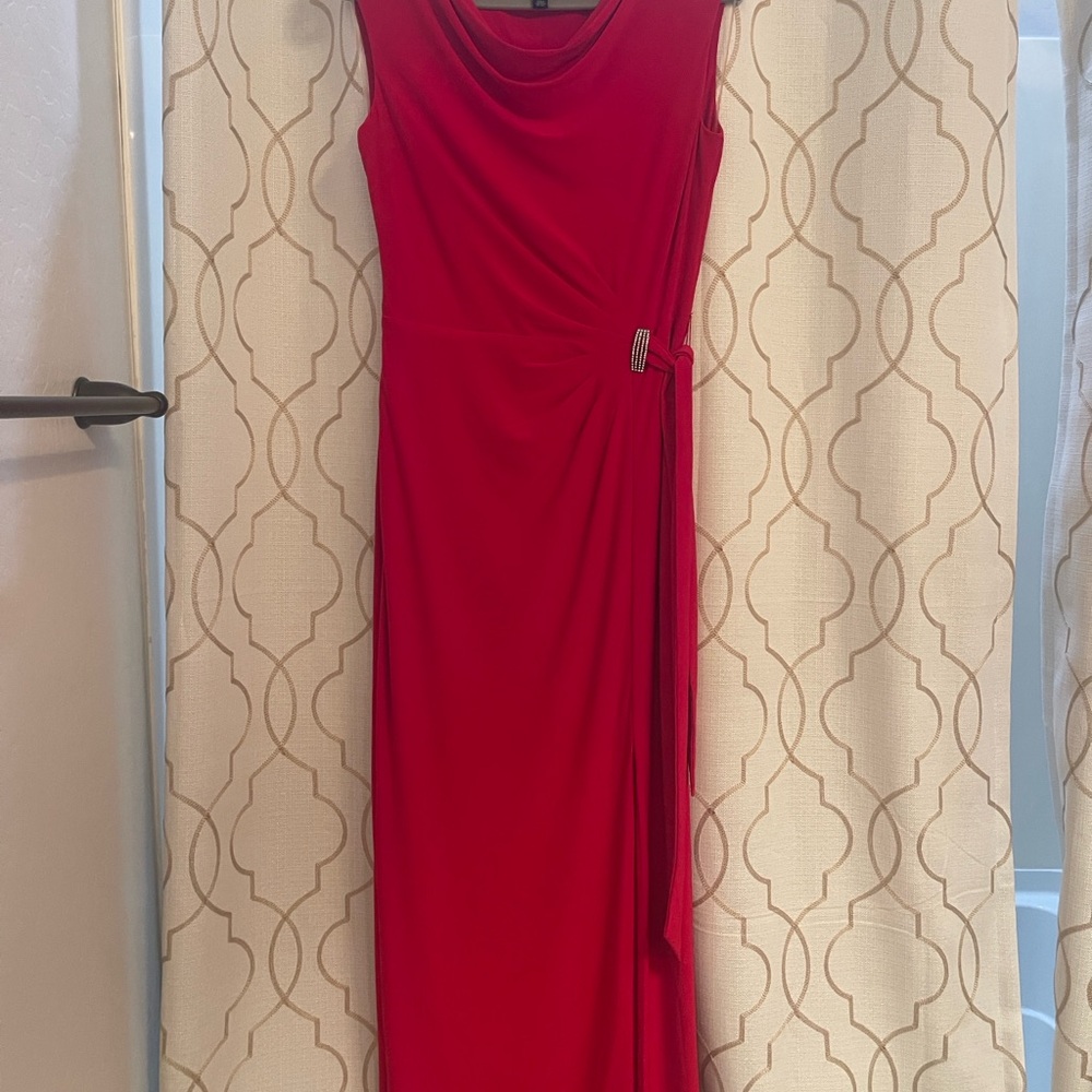 Ralph Lauren Slinky Jersey Draped Red Rhinestone Holiday Maxi Dress 8